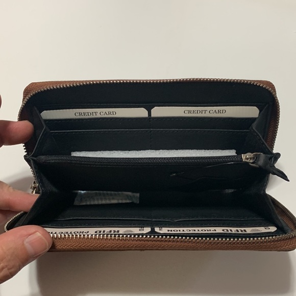 Designer Inspired RFID Genuine Leather Quilted Zip Around Clutch Wallet Cognac - Picture 9 of 11